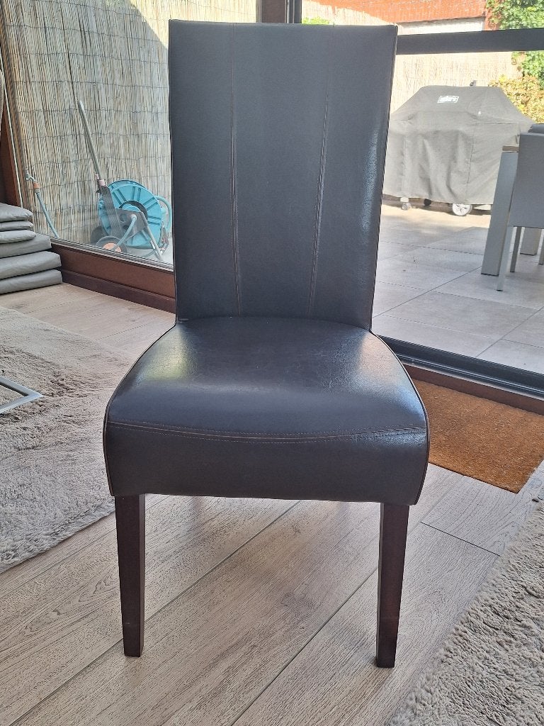 6 x donker bruin lederen eetkamerstoelen perfecte staat !, Huis en Inrichting, Stoelen, Ophalen, Gebruikt, Bruin, Leer