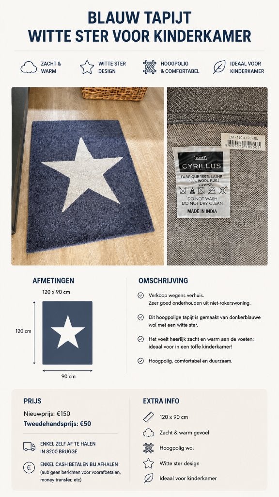 Blauw tapijt witte ster voor kinderkamer, Blauw, Ophalen, Zo goed als nieuw, Overige typen