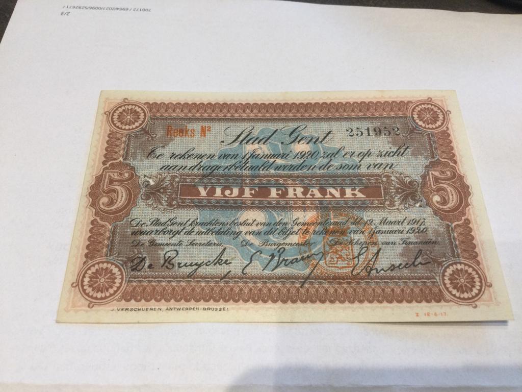 België Gent noodbiljet 5 Frank 1920 FDC, Ophalen of Verzenden