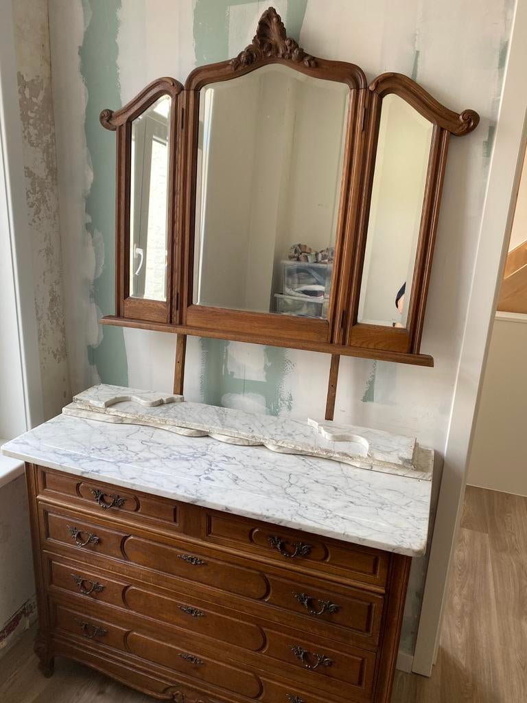 Ladenkast met marmeren blad en spiegel, Ophalen, Gebruikt, 100 tot 150 cm, Minder dan 100 cm