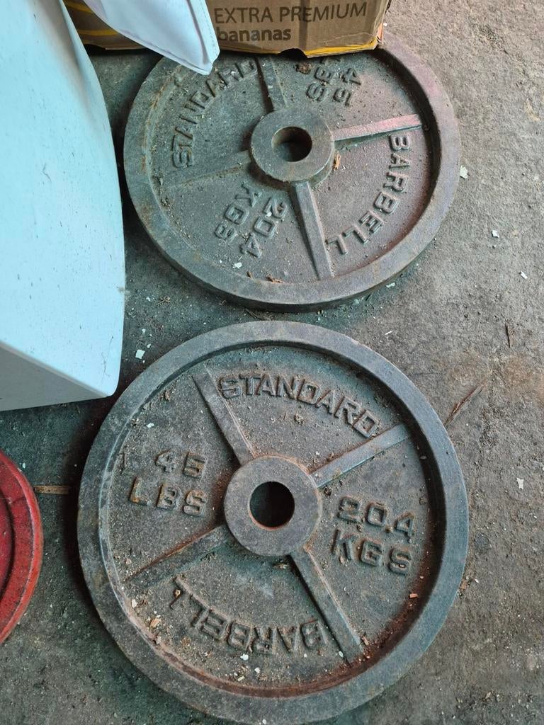 Vintage halterschijven met halterstang, standaard en andere, Sport en Fitness, Fitnessmaterialen, Ophalen
