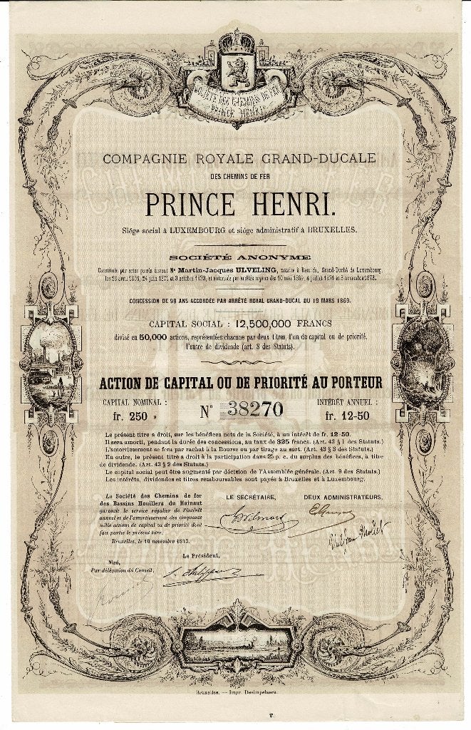 Chemins de fer Prince Henri - Luxembourg 1873 Acte 250 fr, Envoi, Avant 1920, Action