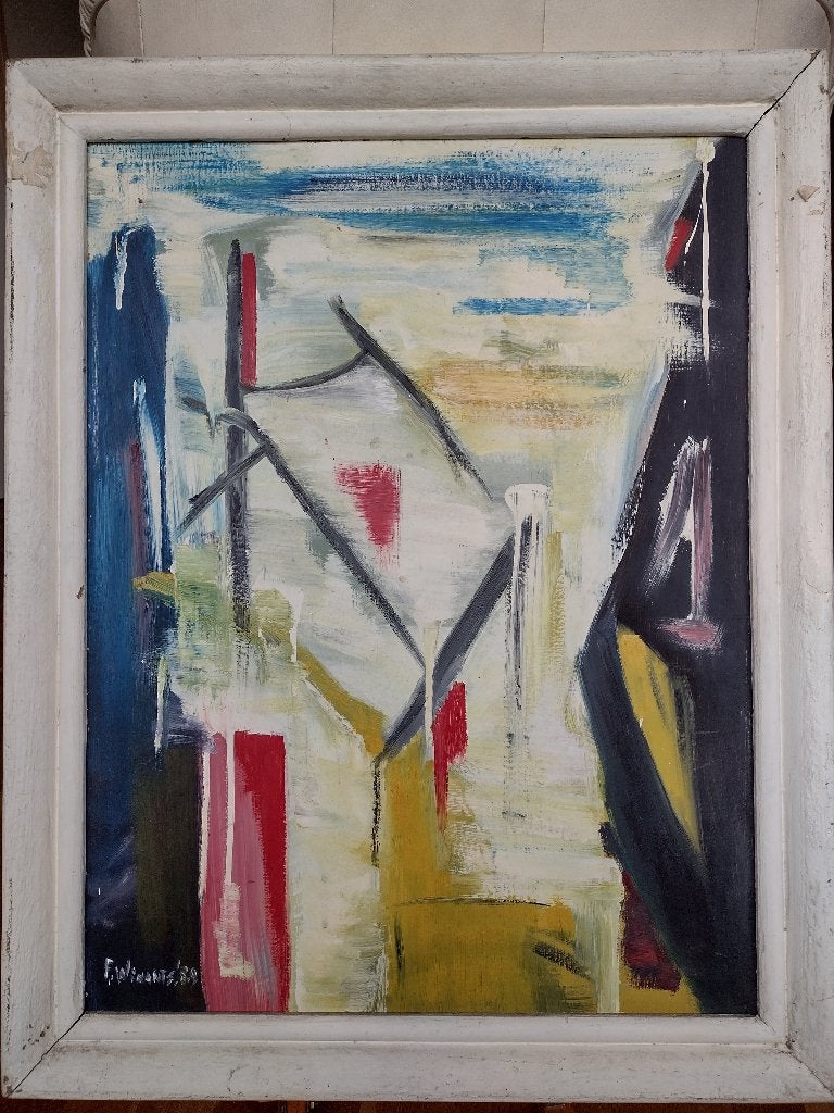 Mondriaan stijl modern schilderij op paneel is, Antiek en Kunst, Kunst | Schilderijen | Modern, Abstract, Hout, Gesigneerd, Ophalen of Verzenden