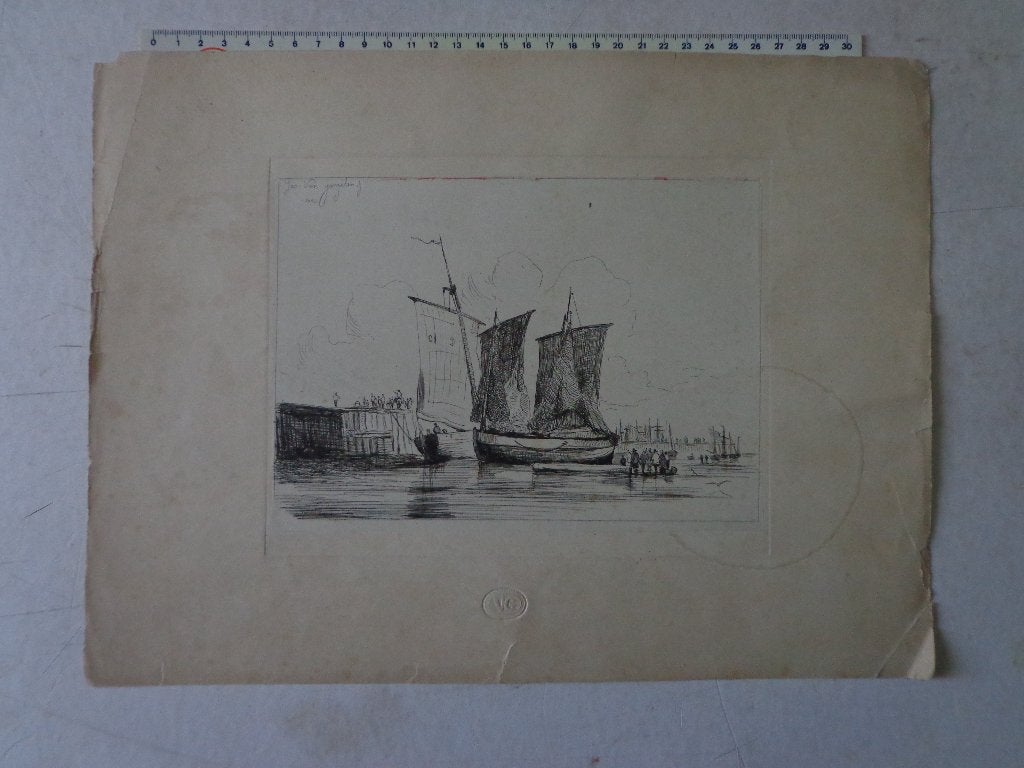 fraaie ets Jacques Van Gingelen 2 zeeschepen langs de kade, Antiek en Kunst, 1800 - 1899, Ets, Ophalen of Verzenden, Gesigneerd