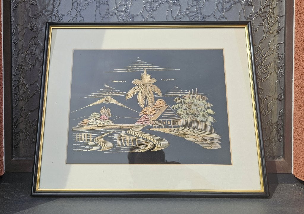 wanddecoratie landschap met hutje (kader: 36 cm x 44 cm), Ophalen, Zo goed als nieuw