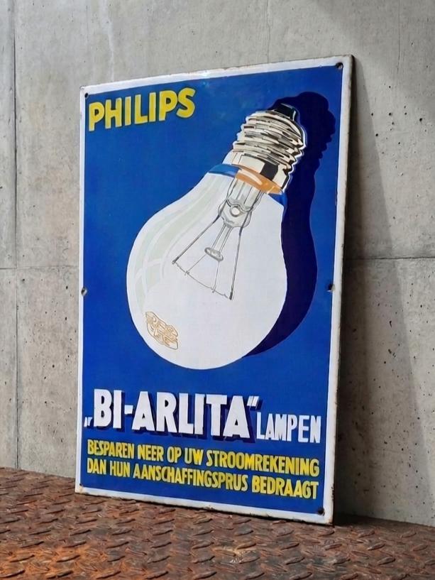 Emaille Schild PHILIPS Reclamebord BI-ARLITA Lampen Vintage, Verzamelen, Verzenden, Gebruikt, Reclamebord