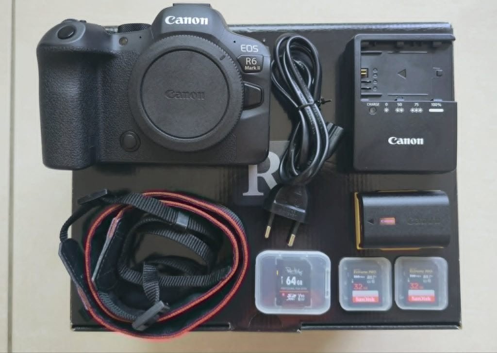 Canon R6 MK II + cartes SD + 2ème Batt., Sans zoom optique, Canon, Écran inclinable/pivotant, Comme neuf