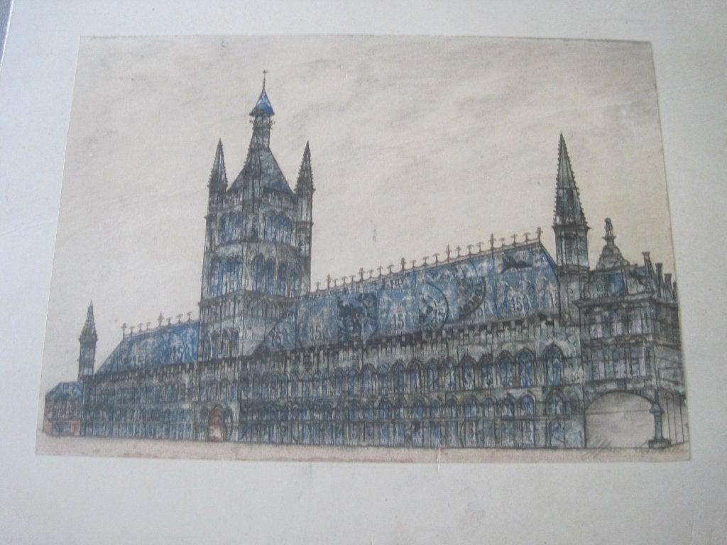 Hallen Ieper postzegelcollage 1900, Antiek en Kunst, Ophalen of Verzenden, Overige technieken, Met monogram, 1900 - 1949