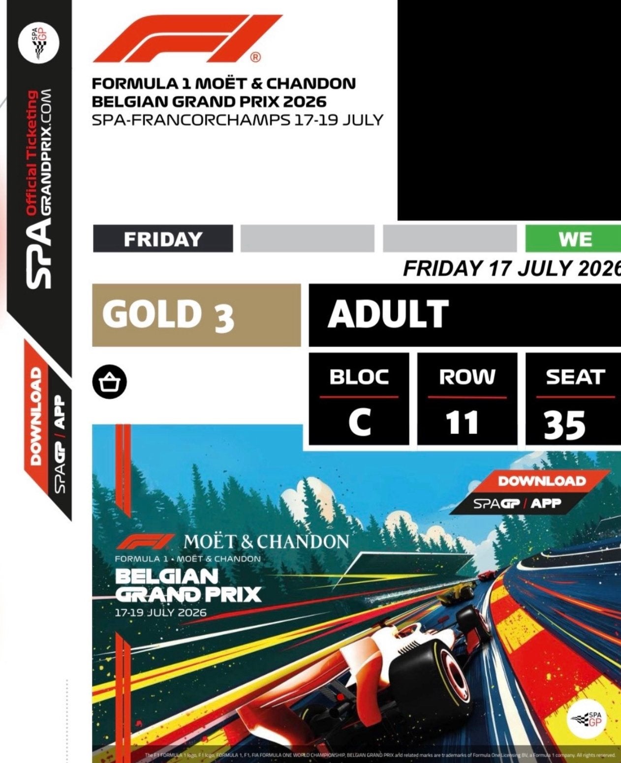 1x Ticket F1 Spa GP EAU ROUGE- RADILLON ️ (Ven-Dim)
