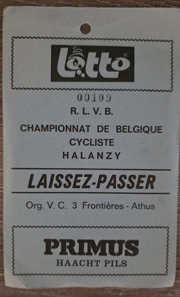 Accreditatie Belgisch Kampioenschap wielrennen 1985 Halanzy, Verzamelen, Ophalen of Verzenden, Gebruikt