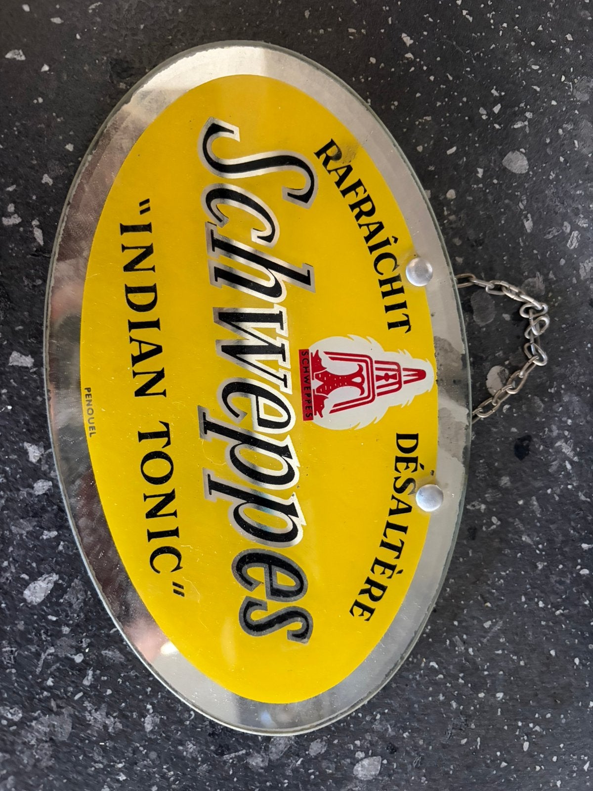 Oude glas reclame schweppes met takszegel, Verzamelen, Merken en Reclamevoorwerpen, Ophalen, Gebruikt, Reclamebord