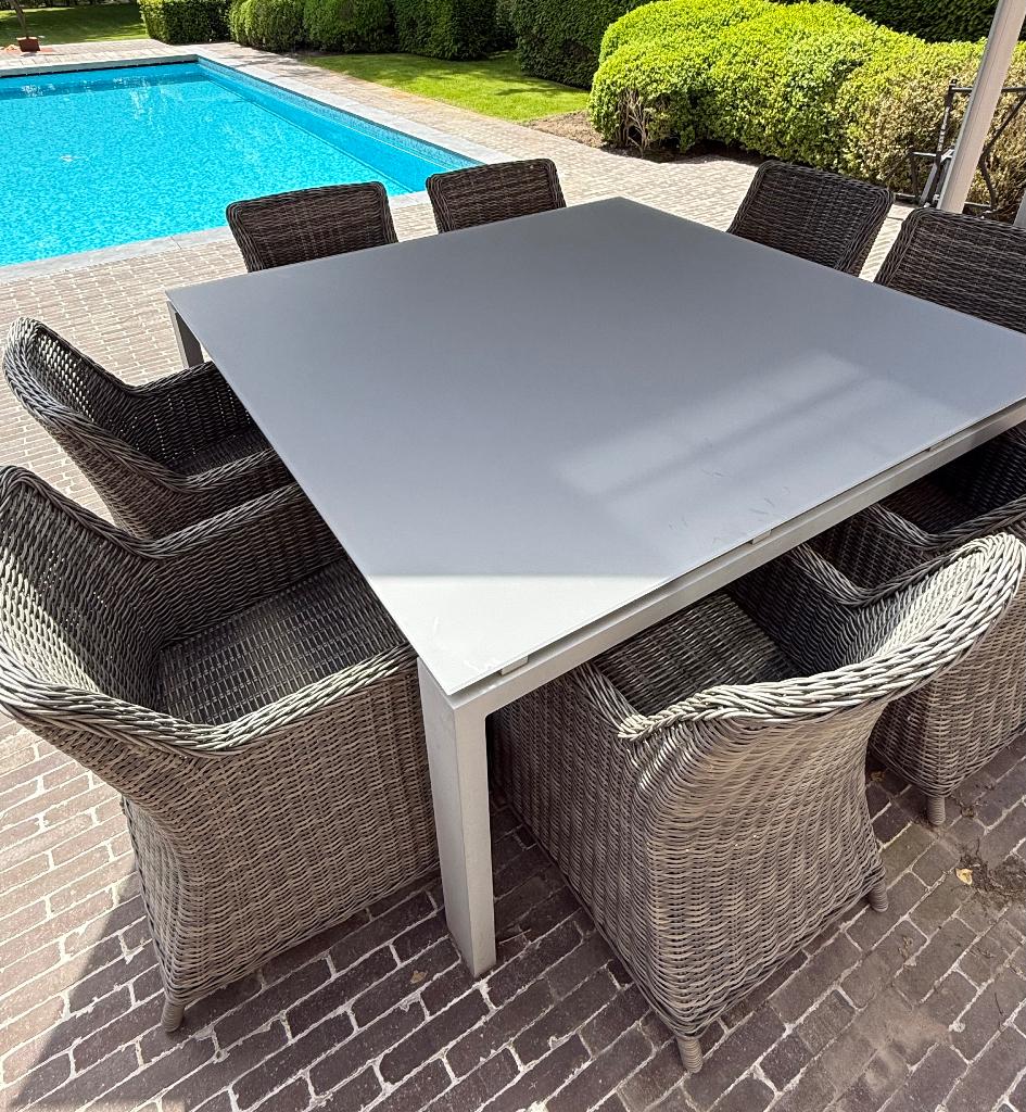 Design Tuintafel  inclusief 8 stoelen - prima staat, Tuin en Terras, Tuintafels, Ophalen, Zo goed als nieuw, Vierkant, Aluminium