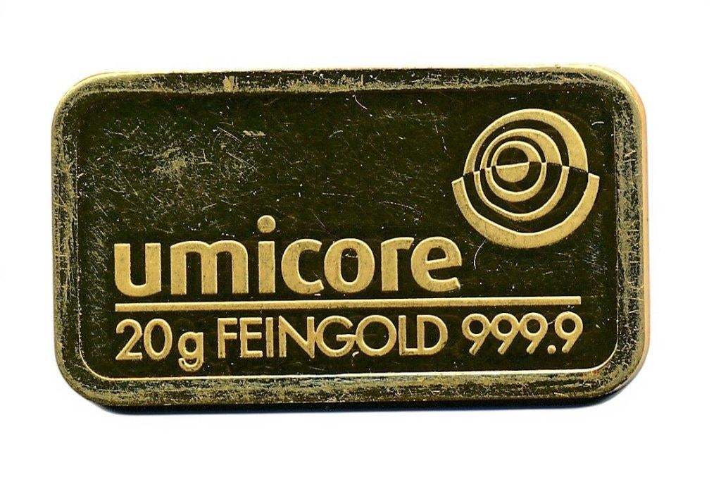 Goud baar 20 gram Umicore los exclusief certificaat, Ophalen of Verzenden, Goud
