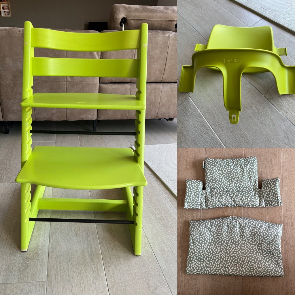 Tripp trapp stokke + babyset + kussenset, Ophalen, Gebruikt, Meegroeistoel, Stoelverkleiner