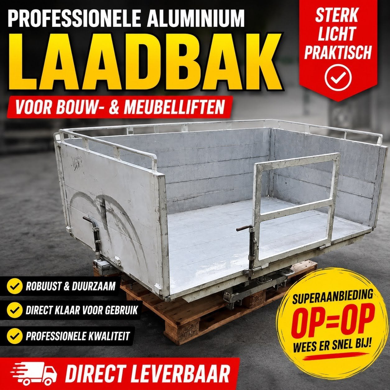 Professionele aluminium bak voor meubelliften € 1.750 excl., Doe-het-zelf en Bouw, Bouwliften, Ophalen, Zo goed als nieuw, Bouwlift