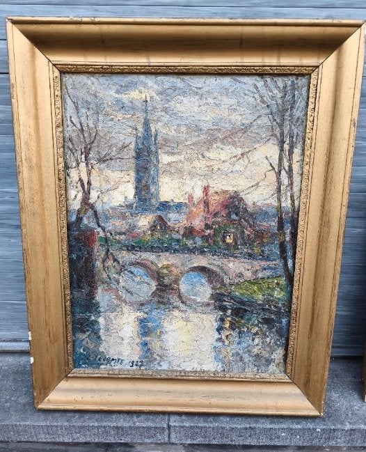 Huile sur toile signe leopold Lecomte, Antiquités & Art, Enlèvement ou Envoi, Toile