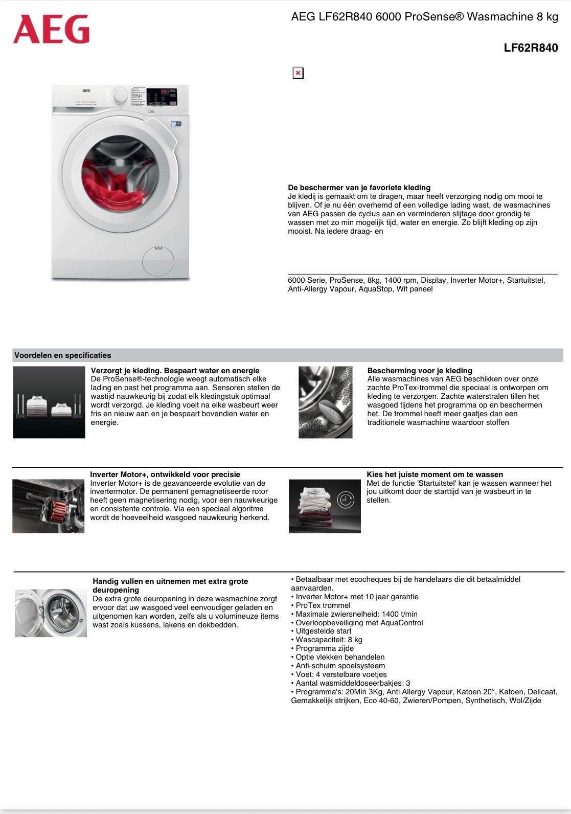 Wasmachine AEG AEG LF62R840 6000 ProSense Wasmachine 8 kg, Ophalen