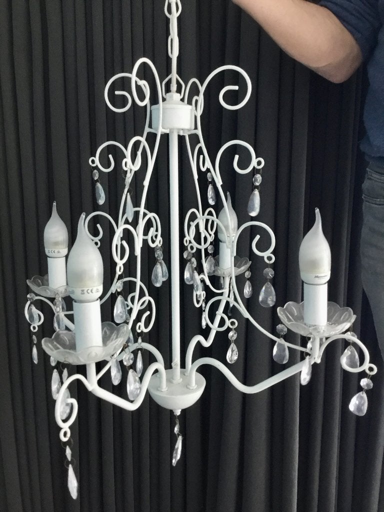 Witte moderne landelijke metalen luster met 4 kaarslampen, Ophalen, Gebruikt, Kunststof, Modern landelijk