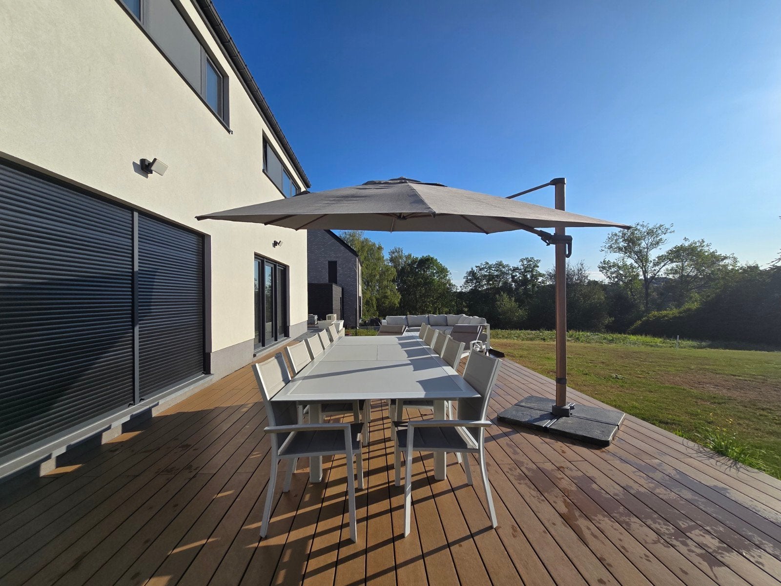 Parasol déporté inclinable 34,2m + pied + housse, Inclinable, Plus de 4 mètres, Comme neuf, Parasol flottant