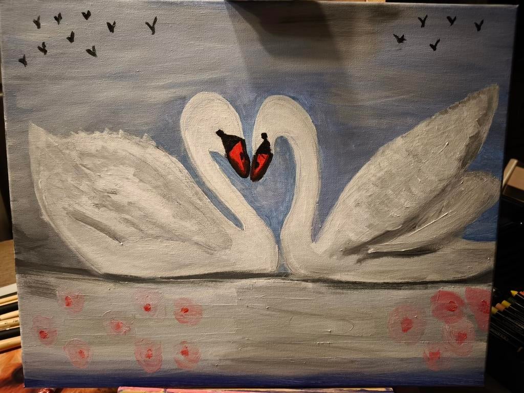 Schilderij zwanen ,kunst van Sigrid, Antiek en Kunst, Ophalen of Verzenden