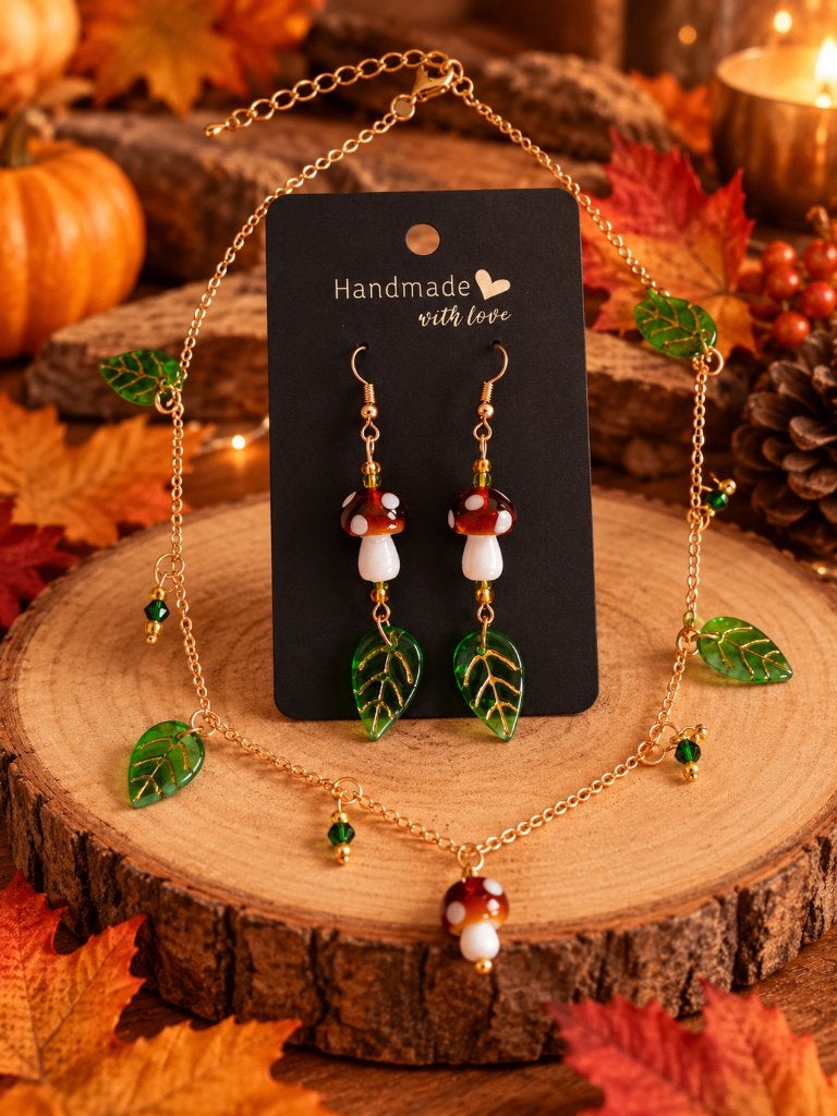 Leuke herfst oorbellen met bijpassende ketting, Bijoux, Sacs & Beauté, Neuf, Enlèvement ou Envoi, Brun, Autres matériaux