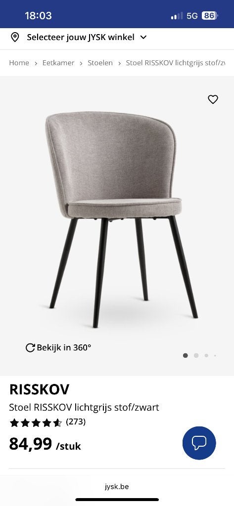 Eetkamerstoel 6 stuks Jysk, Ophalen, Jysk, Zo goed als nieuw, Grijs