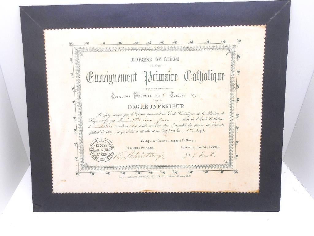ancien certificat scolaire Diocese de Liège 1897, Enlèvement ou Envoi
