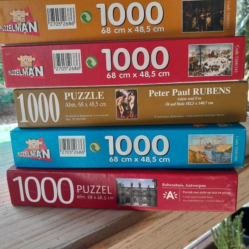 Puzzels "bekende schilders en schilderijen" 5 stuks, Ophalen of Verzenden, Gebruikt, Legpuzzel