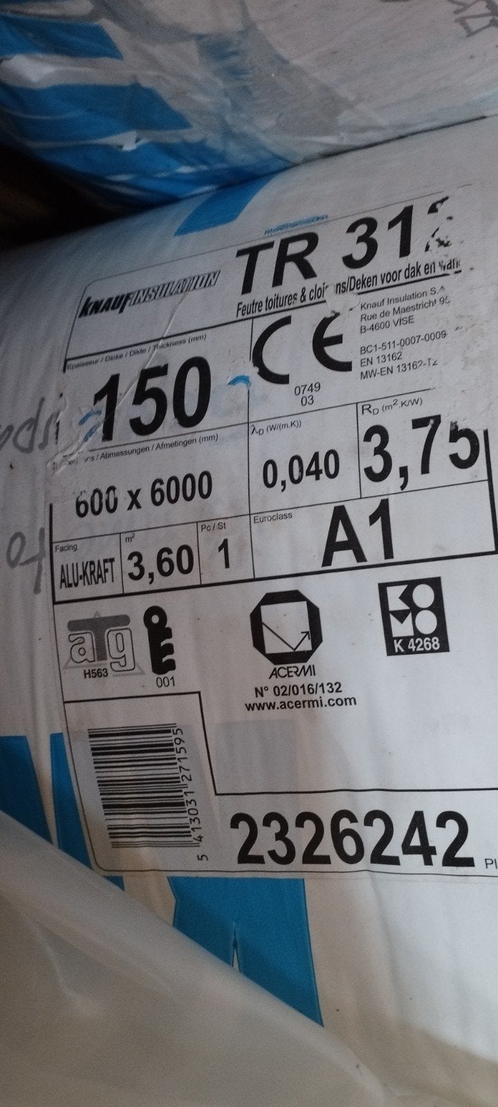 8 rollen Knauf insulation 150mm dik, Bricolage & Construction, Enlèvement, Laine de verre, 12 cm ou plus