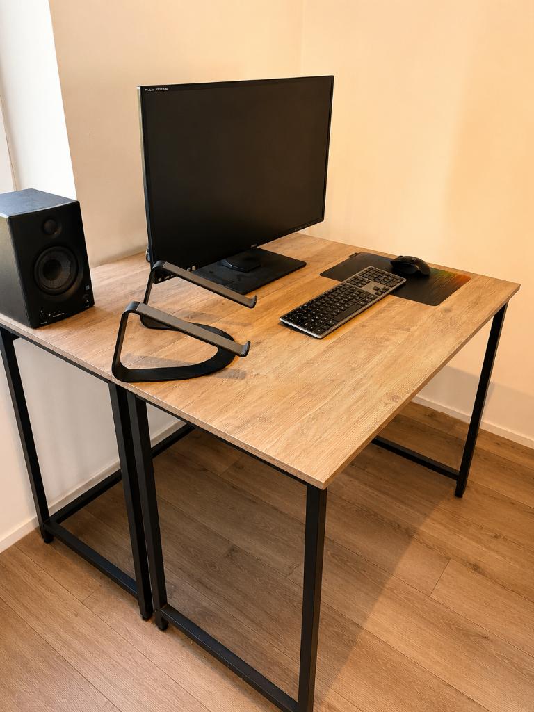 2 bureaus in industriële stijl, licht hout/zwart metaal — TB, Ophalen, Hout, 50 cm, Zo goed als nieuw