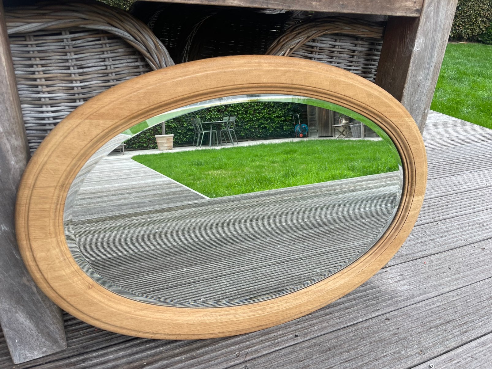 Mooie ovalen geslepen spiegel, naturel eik, Ophalen, Gebruikt