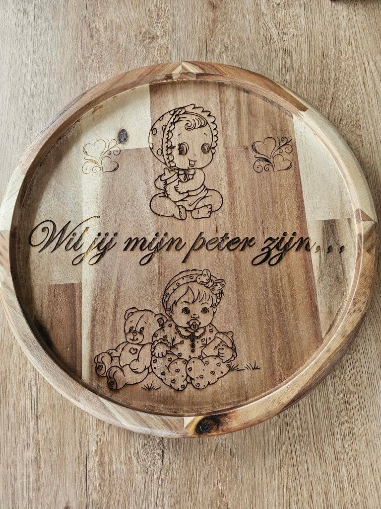 "Wil jij mijn peter zijn,,," Mooi groote houten ronde plaat, Ophalen of Verzenden, Nieuw, Hout, Minder dan 20 mm