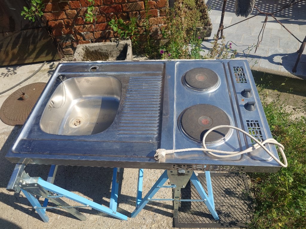 Inox aanrecht met spoelbak en 2 werkende kookplaten, Ophalen, Gebruikt, 100 tot 150 cm, Zilver