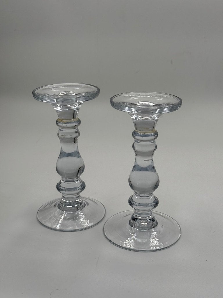 Paar vintage kandelaars in glas, Antiek en Kunst, Ophalen of Verzenden, Glas