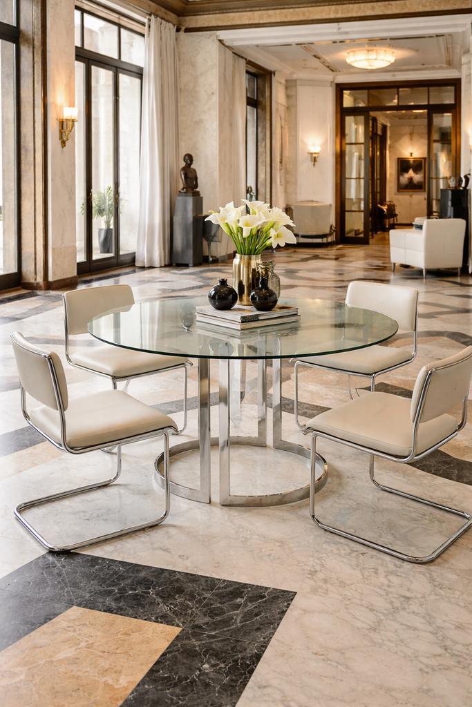 Ronde vintage design eettafel – Milo Baughman – Ø130 cm, Huis en Inrichting, Tafels | Eettafels, Ophalen, Gebruikt, Rond, Glas
