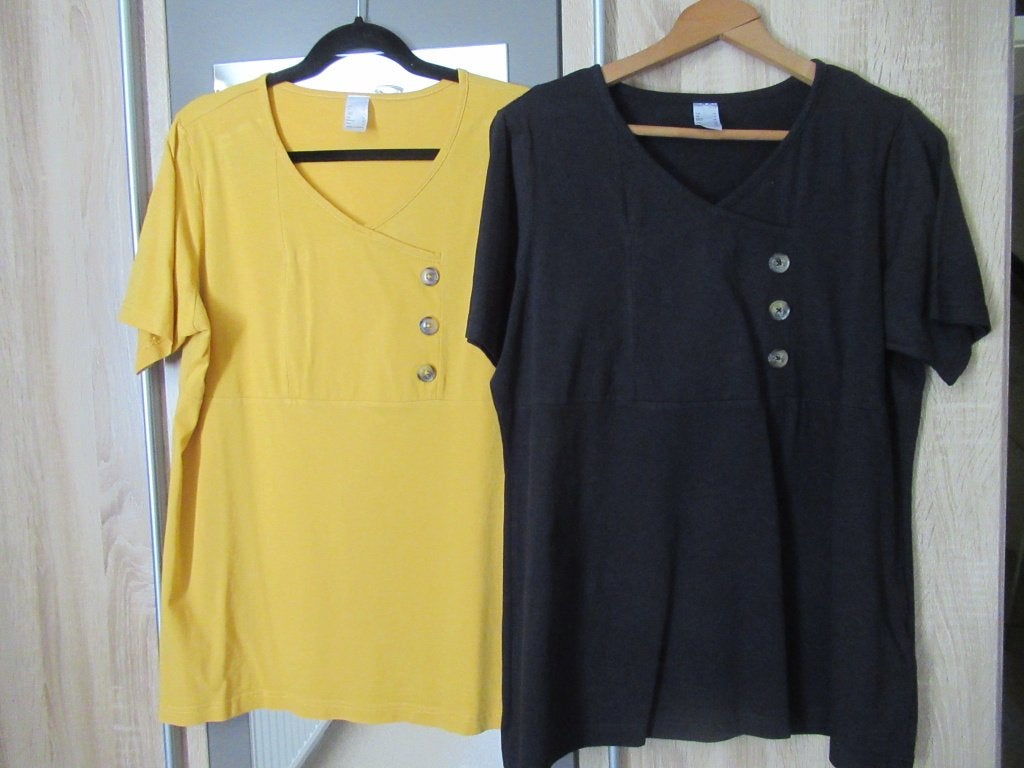 2 leuke t-shirts, zwart en geel, zo goed als nieuw, Kleding | Dames, T-shirts, Ophalen, Geel, Maat 42/44 (L), Zo goed als nieuw