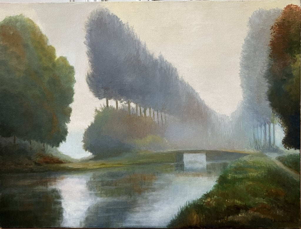 Peinture à l'huile signée - Canal dans la brume, Peinture à l'huile, Enlèvement, Signé, Toile