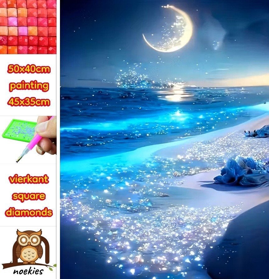 Peinture au diamant 50x40cm Moonlight Beach (carrée) n 7, Hobby & Loisirs créatifs, Bricolage, Neuf, Zee en Strand, Bleu, Autocollant