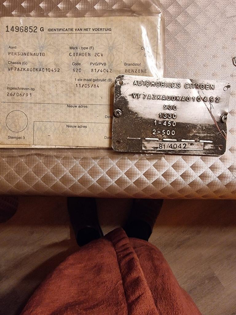 Citroën 2PK6  Inschrijving bewijs met identificatie plaatje, Auto's, Oldtimers, Particulier, Citroën, Benzine, 4 deurs, Handgeschakeld