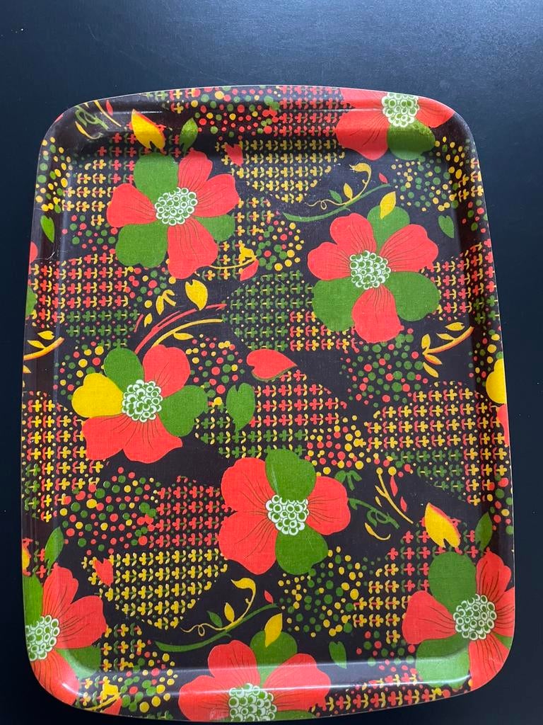 Fleurige vintage plateau  €6!, Ophalen, Gebruikt, Rechthoekig, Kunststof
