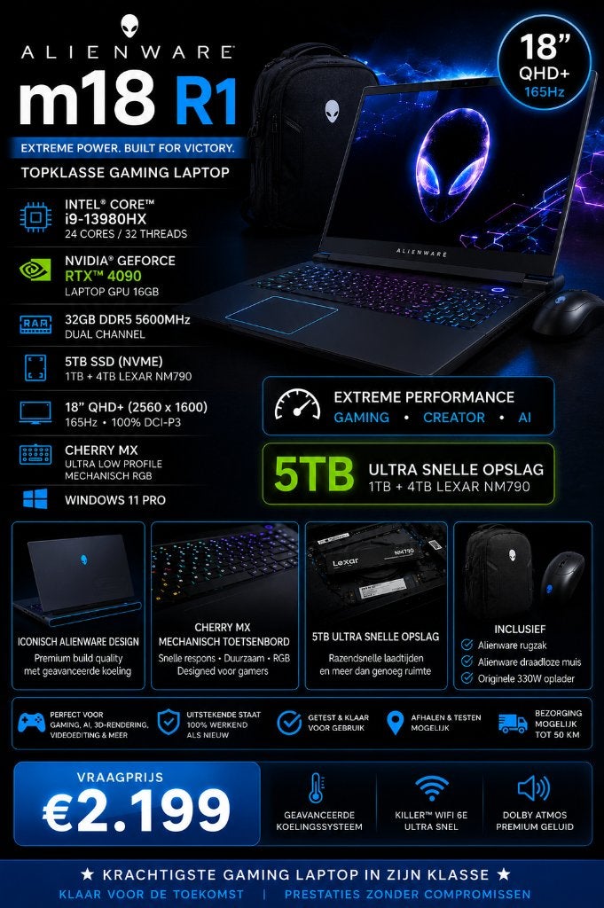 Alienware m18 R1 | RTX 4090 | i9-13980HX | 32GB | 5TB| 165Hz, Ophalen, 5 TB, Met videokaart, 32 GB