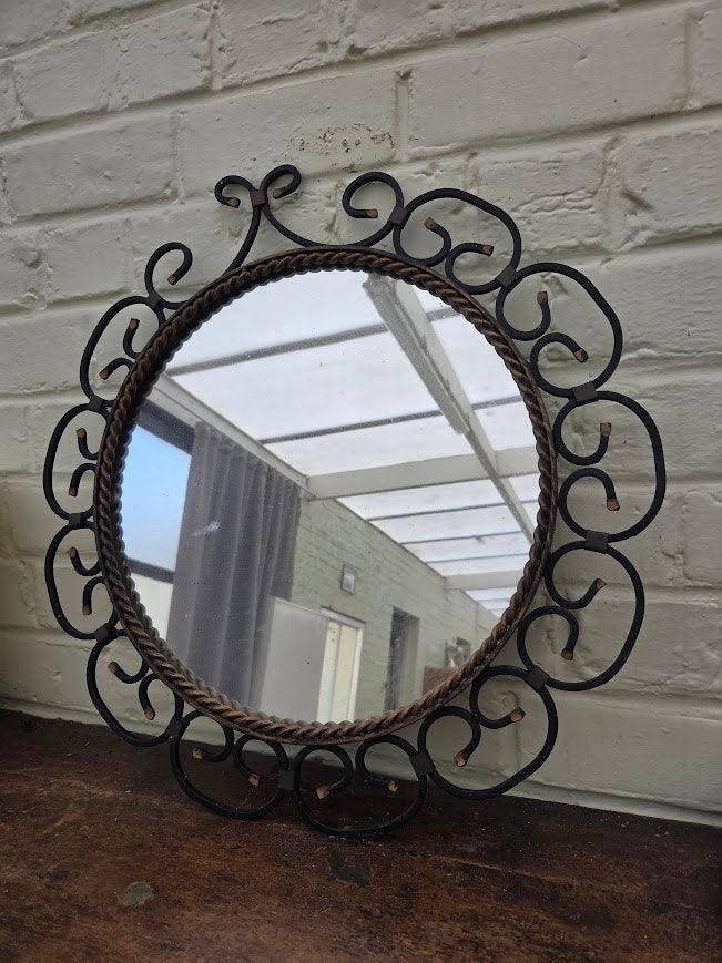 Vintage ronde spiegel in smeedijzer, Antiek en Kunst, Ophalen, Rond, Minder dan 50 cm, Minder dan 100 cm