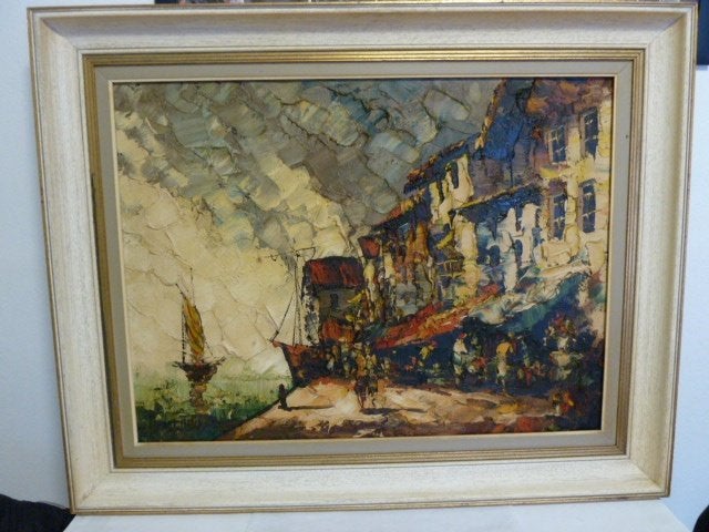 Schilderij olie op doek, in Impasto stijl , havenzicht, Ophalen