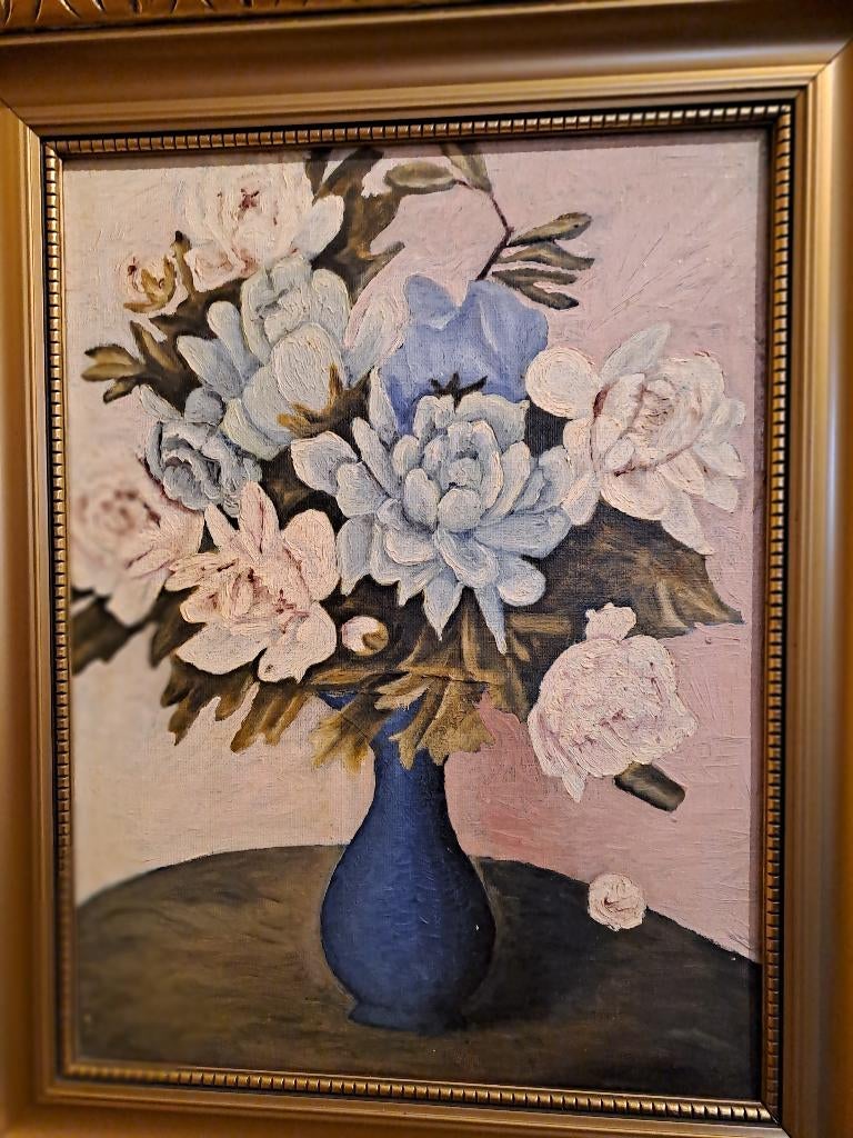 Vintage schilderij Blauwe vaas met bloemen, Ophalen