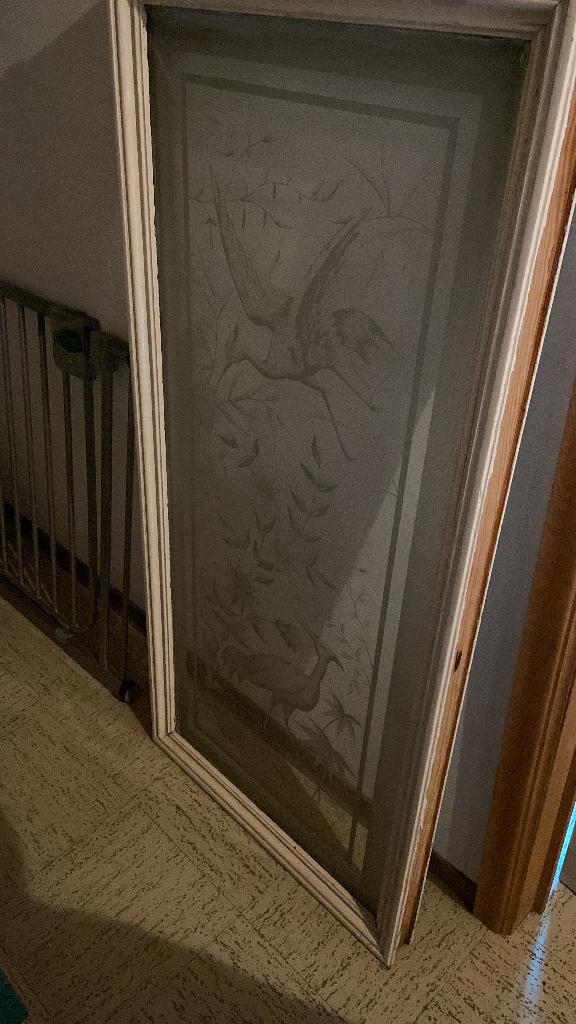 Gezandstraald glas met tekening in houten kader, Antiek en Kunst, Ophalen