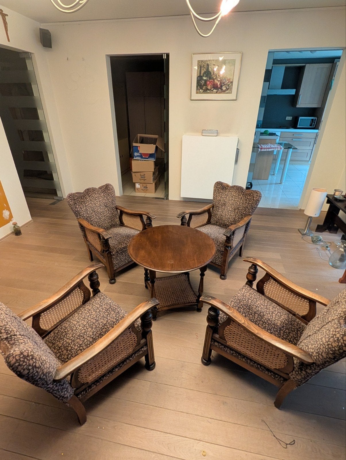 Prachtige vintage zithoek set (4 stolen + tafel) met webbing, Antiek en Kunst, Ophalen