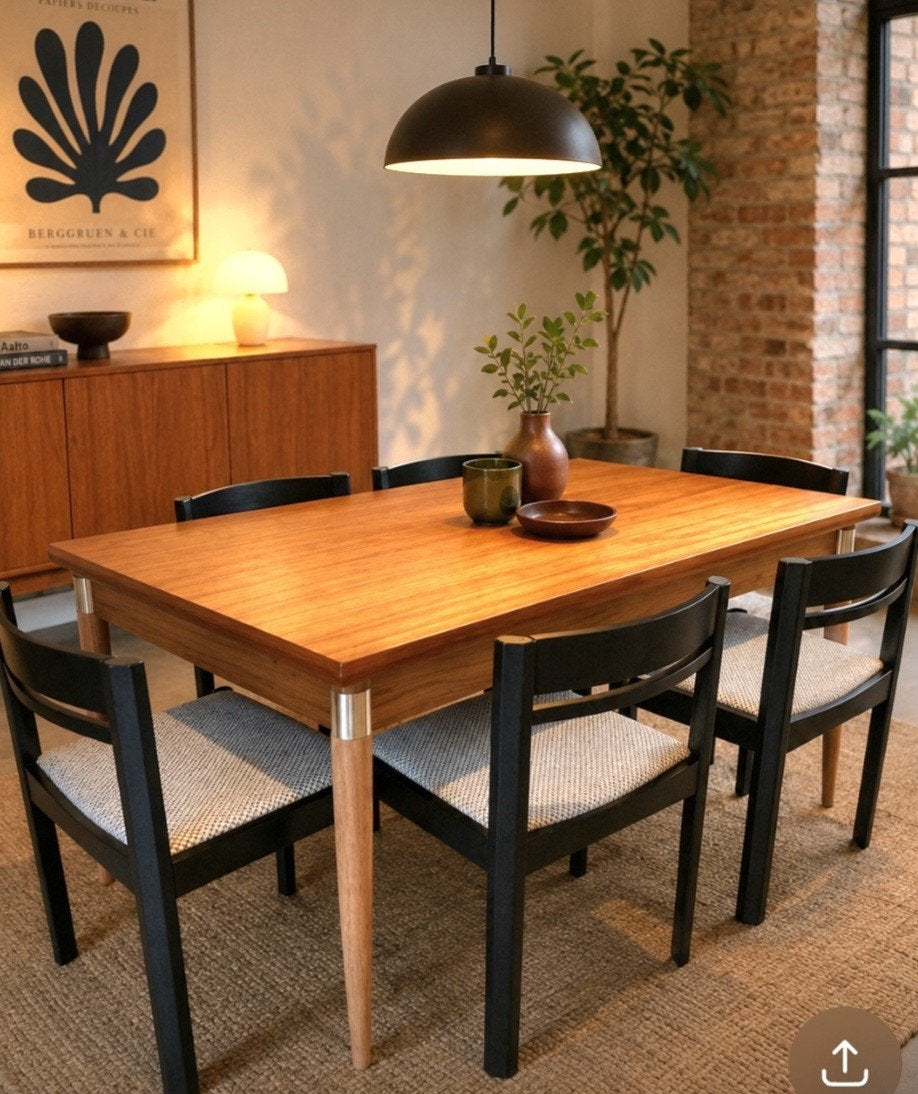 Een set van 6 mooie brutalist vintage stoelen, zwart gebeits, Huis en Inrichting, Ophalen, Zwart, Stof