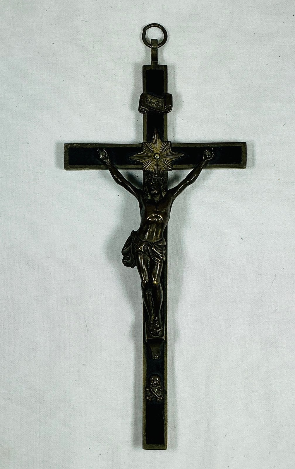 Antiek groot messing ebbenhouten kruisbeeld, Ophalen of Verzenden