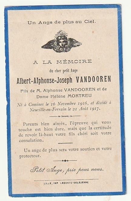 A. VANDOOREN Mortreu Comines Neuville en Ferrain 1917 enfant, Verzamelen, Bidprentjes en Rouwkaarten, Bidprentje, Verzenden