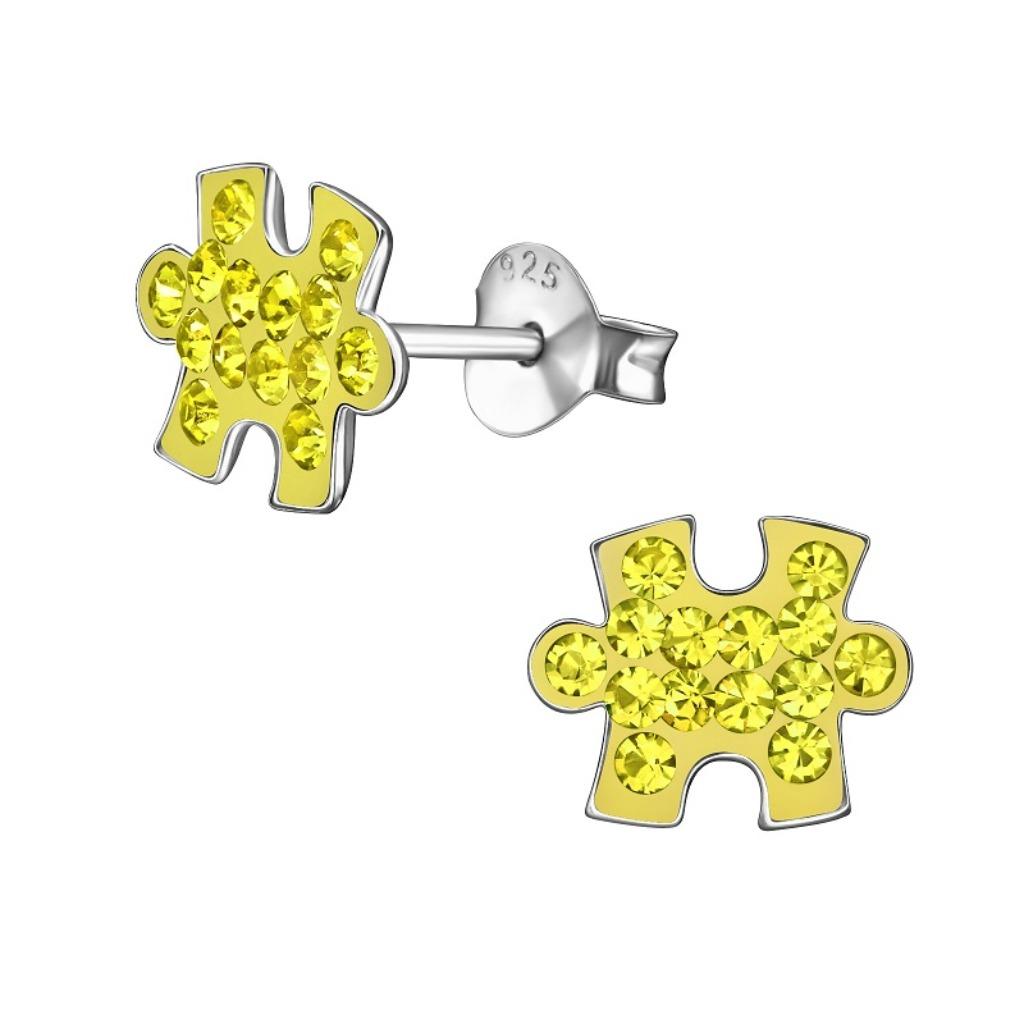 Zilveren kinderoorbellen puzzelstuk kristal - citroengeel, Handtassen en Accessoires, Kindersieraden, Ophalen of Verzenden, Nieuw